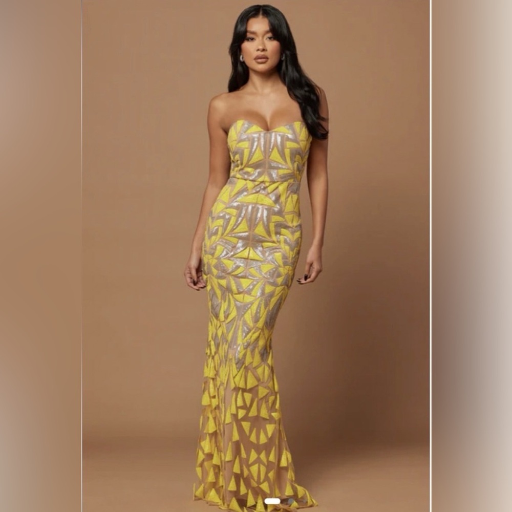 Fashion Nova Strapless Yellow and Silver Dress